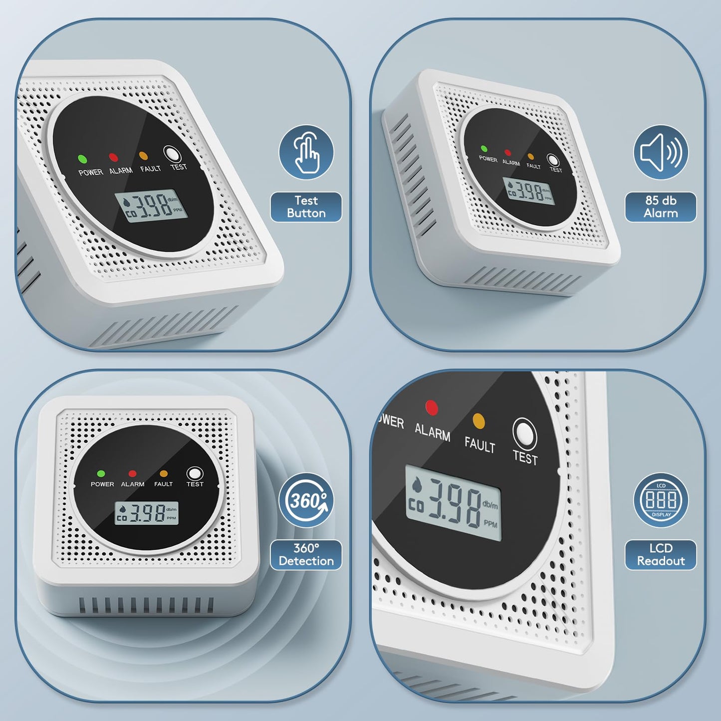 2 in 1, Carbon Monoxide Detectors,Smoke Detector,Smoke Combination CO Alarm,85db Alarm,LCD Large Screen,with 3*AA Batteries,Test Button,Low Battery Warning,Easy Install