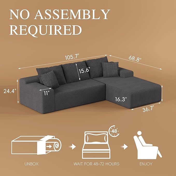 NAYA 106” Modular Sectional Sofa, Cloud Sectional Couch with Deep Seat, Modern Modular L-Shape Sofa Boneless Couch with Chaise for Living Room Bedroom (Grey, Sectional Sofa with Right Facing Chaise)