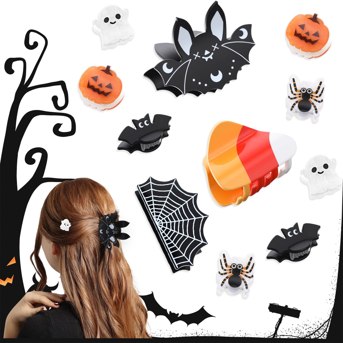 Capoda 11 Pcs Mini and Big Halloween Hair Claw Clips Set Ghost Bat Pumpkin Spider Web Candy Corn Designs Cute Hair Jaw Clips Acc
