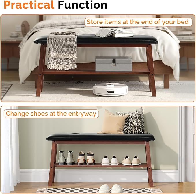 VINGLI Padded Solid Wood Dining Bench 39" Wooden Bench for Entryway, Bedroom, Kitchen & Living Room, with Shoe Rack Storage, Walnut