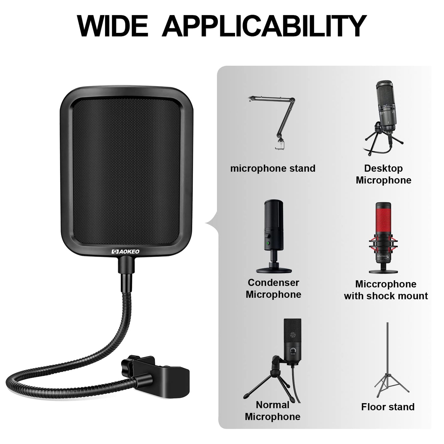 Aokeo Metal Pop Filter,Metal Mesh Layer Microphone Windscreen for Hyperx QuadCast, Blue Yeti and Other Mics,Pop Shield with Flexible 360° Gooseneck Clip Stabilization Arm