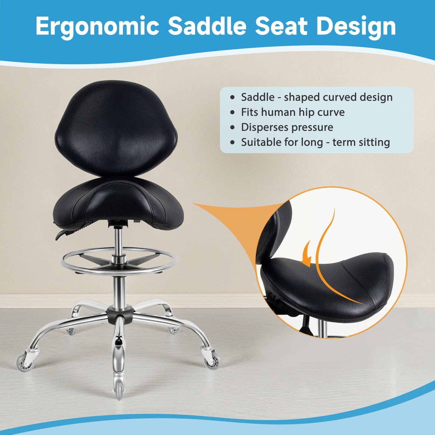 Nolasalon Saddle Stool with Wheels,Ergonomic Swivel Rolling Height Adjustable for Salon Beauty Clinic Dentist Tattoo Home Office（Black）