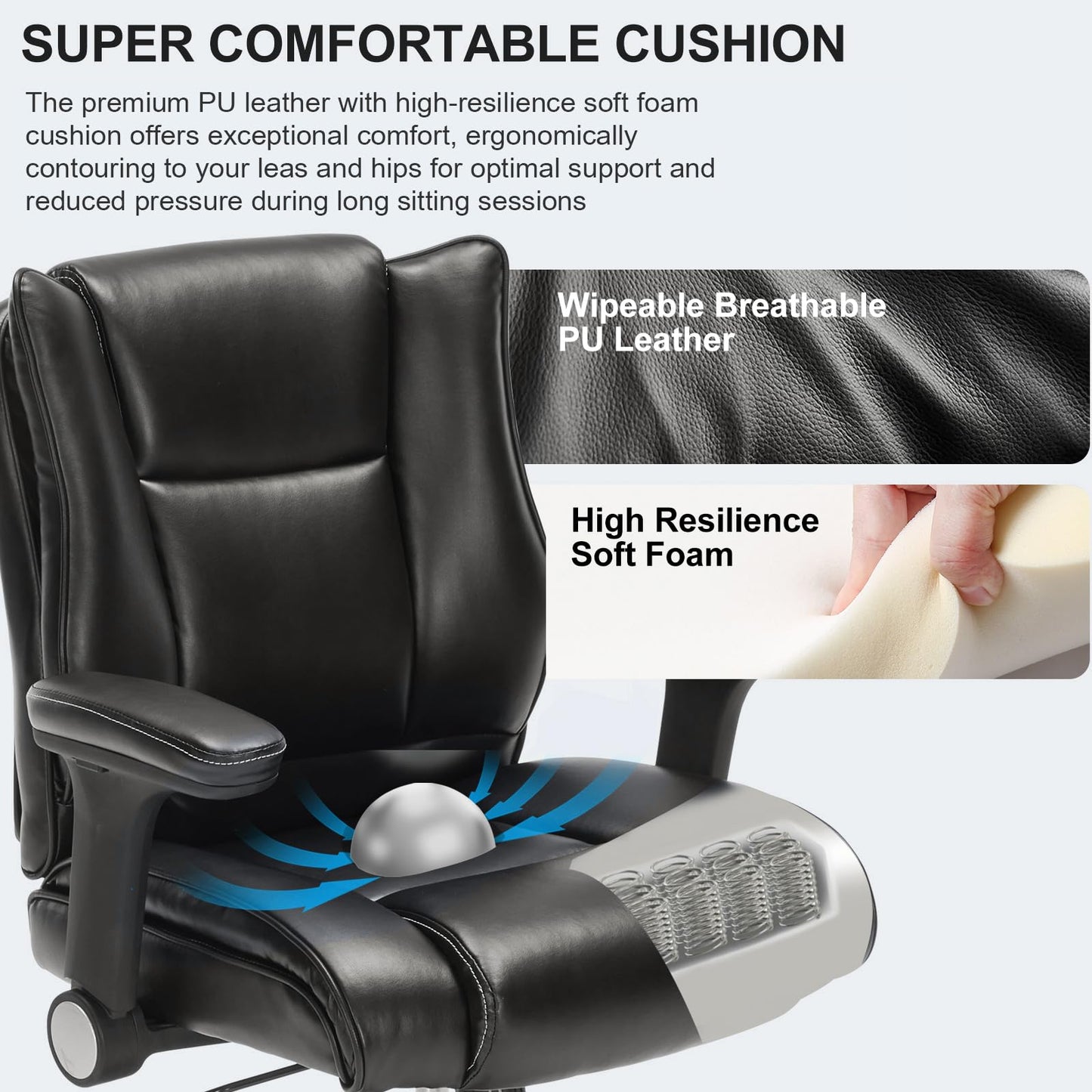 Office Drafting Chair, Tall Desk Chair with Adjustable Armrests and Footrest Ring PU Leather Standing Desk Chair with Extra Thicken Seat Cushion, Comfy High Office Chair for Counter Height Desk, Black