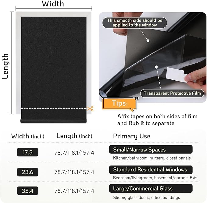 LUTE Blackout Window Film, Sun Light Blocking Frosted Privacy Cling for Glass, Darkening Window Tint for Day Sleep Black Out Shades, UV Blocking Static Cling Blackout Cover, 23.6" x 78.7"