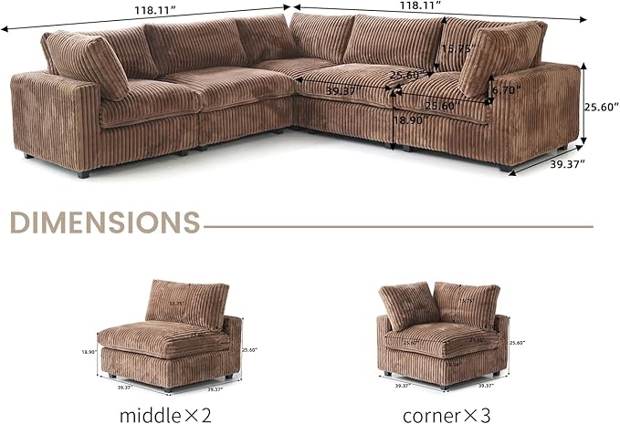 WJShome Cloud Couch Modular Sectional Sofa,118" Oversized 5 Seater Convertible Sofa,V Shaped Plush Couch for Living Room,Comfy Wide Seat Couches,Covers Washable&Replaceable-Brown