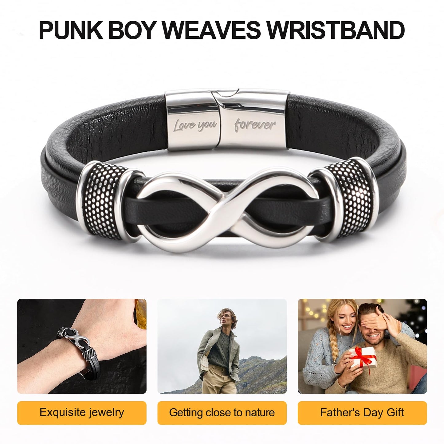 HSM Gifts for Men – Premium Leather Bracelet for Men with Infinity Symbol & Engraved 'Love You Forever' – Stylish & Mens Bracelet for Husband, Boyfriend, Gift Box Included
