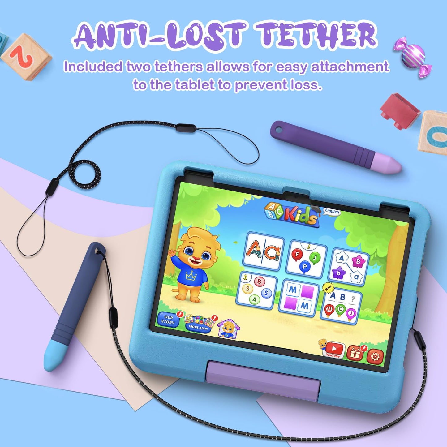 Kid-Friendly Stylus Pens for Touch Screens with Tethers - Mixoo Anti-Rolling Tablet Stylus 2 Pack for Kids, Compatible with iPad, iPhone, Tablets, Kindle and All Touch Screen Devices (Blue+Purple)