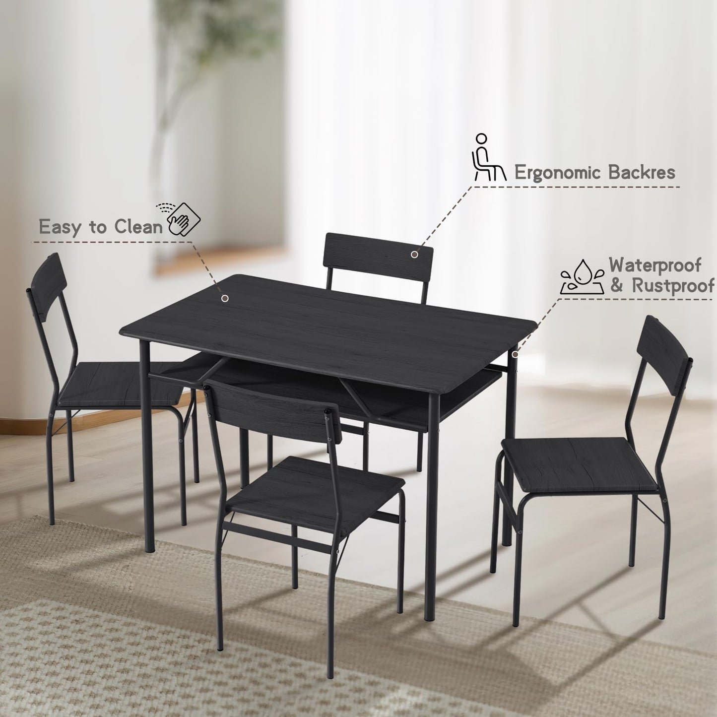 ECOTOUGE Dining Table Set for 4, Wood Kitchen Table and Chairs with Storage Shelves & Metal Frame, Compact Mid-Century Modern Rectangle Dinner Table Sets for Small Space, Apartment, Black
