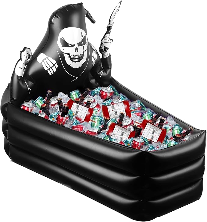 44 Inch Inflatable Grim Reaper Coffin Cooler Halloween Party Supplies 120+ Cans Large Capacity Inflatable Drink Holder for...