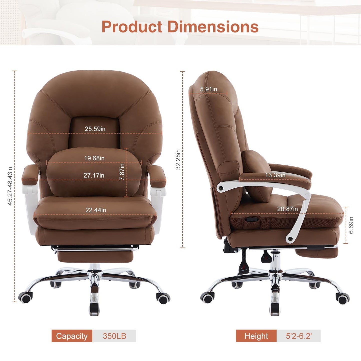 Ergonomic Office Chair for Big and Tall with Lumbar Support,Brown PU Leather High Back Executive Chair with Sedentary Vibration Reminder,Foot Rest,Reclining Function for Long Hours of Home Office