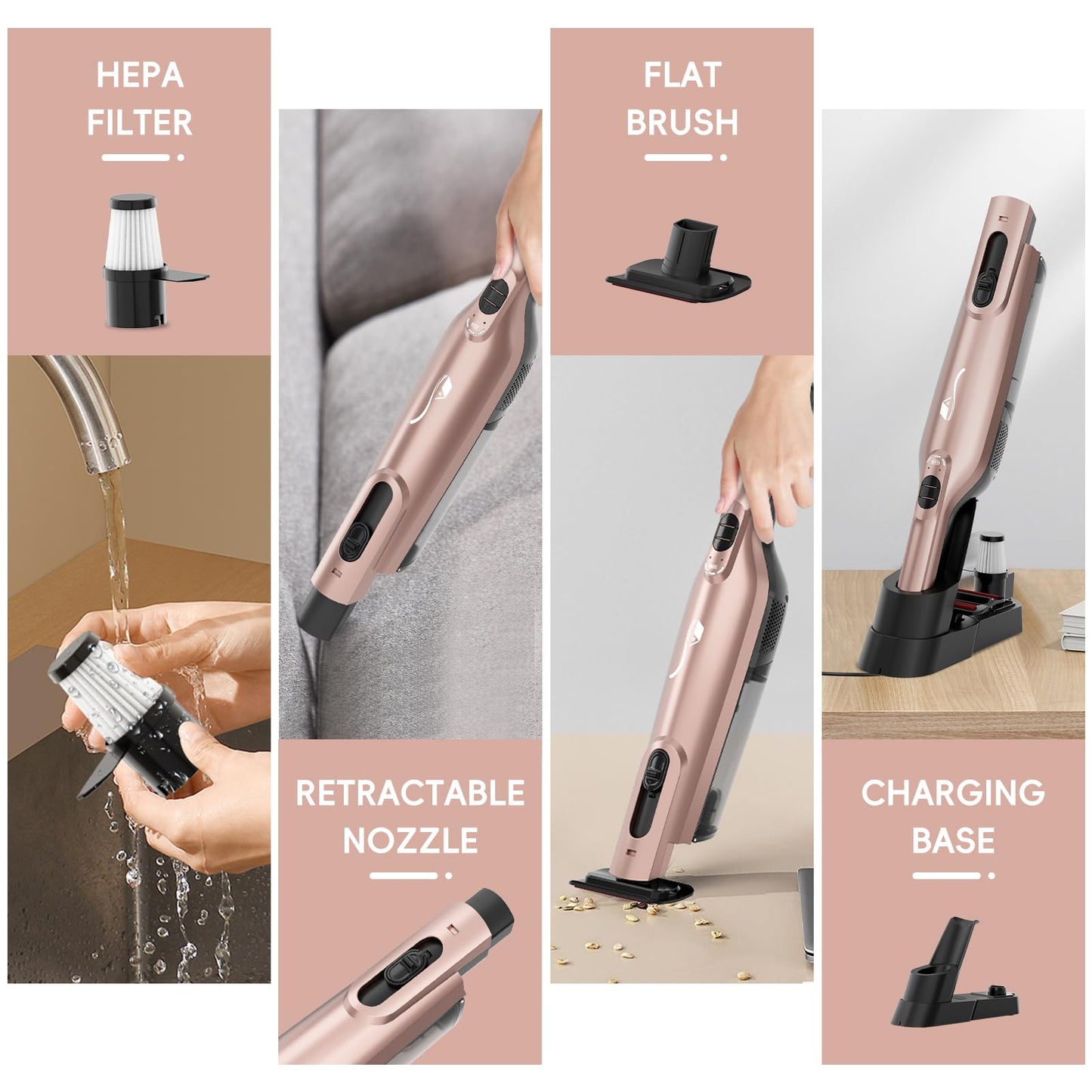 AYONTIN Rechargeable Handheld Vacuum, Lightweight Hand Vacuum Cordless, Powerful Suction, One-Touch Empty, LED Lights, Large Dust Cup for Home, Office, Car, Pet, Rose Gold