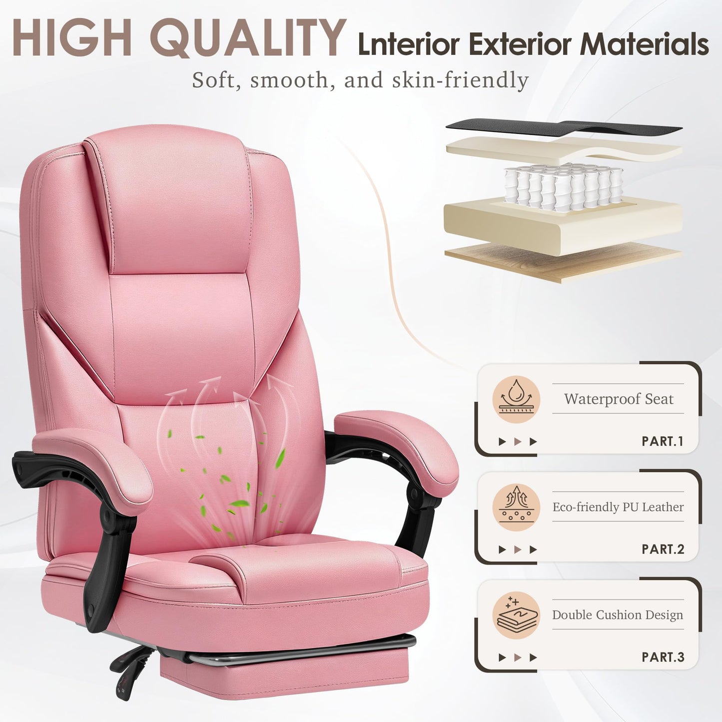 Shahoo Executive Office Chair with Massage, Ergonomic Reclining High Back Leather Seats with Footrest and Lumbar Support, Big and Tall, 400Lbs Heavy Duty, Pink