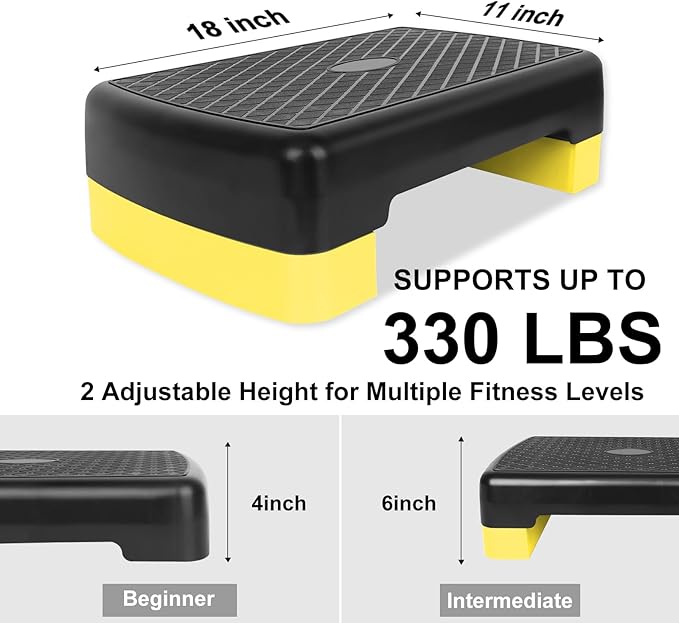 HaoKang Height-Adjustable 4''-6'' Step Aerobics Platform Fitness Equipment Stepper Trainer Exercise Step Platform with 2 Riser