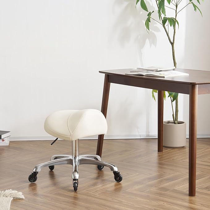 Heavy-Duty Ergonomic Pneumatic Swivel Rolling Saddle Stool with Extra Wide Seat for Hygienic Clinic Spa Massage Home and Office - 505 KIMO (Vanilla)