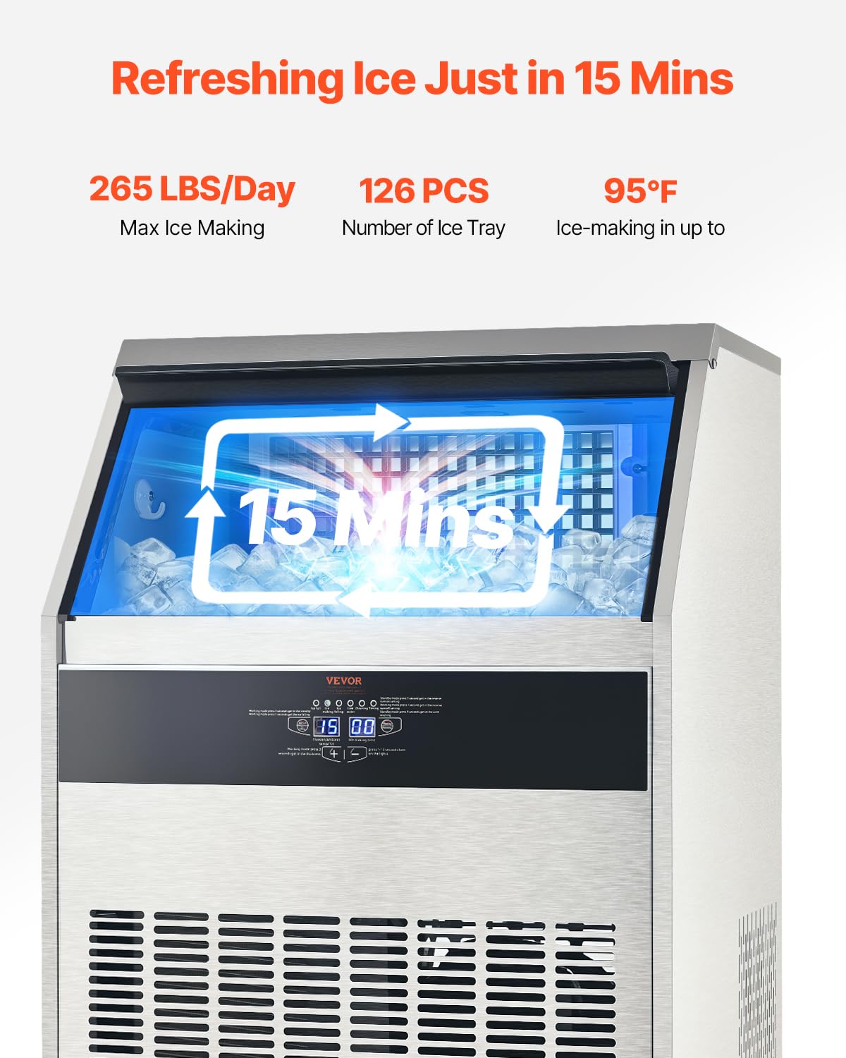 Vevor 265Lbs/24H Commercial Ice Maker Machine With Drain Pump, 88Lbs Storage Capacity Ice Maker, 126 Ice Cubes In 15 Minutes, Le