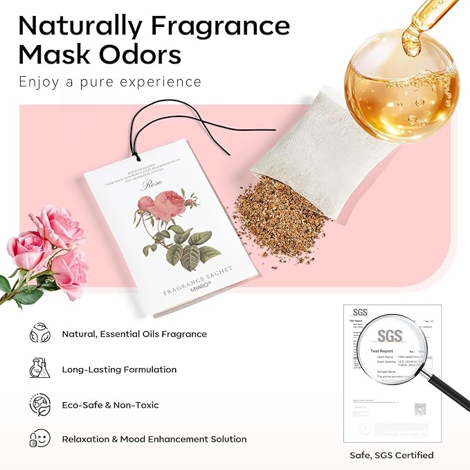 MYARO 12 Pcs Rose Scented Sachets Long Lasting Room Air Freshener Odor Deodorizer Eliminating for Home Drawer Closet Clothes Storage