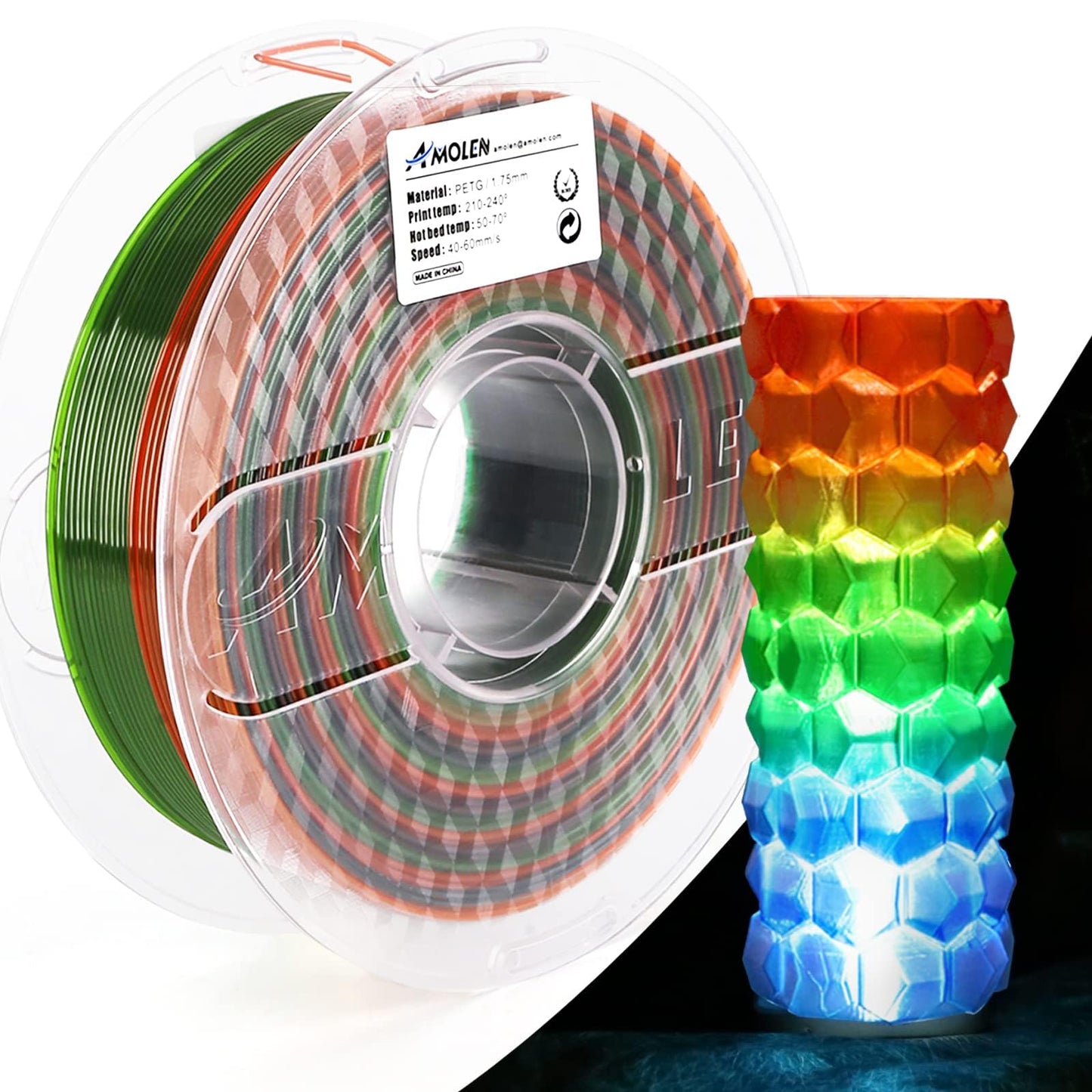 AMOLEN PETG Filament 1.75mm 3D Printer Clear Filament Translucent Rainbow Color Change 3D Filament with Orange Green Blue 1KG/2.