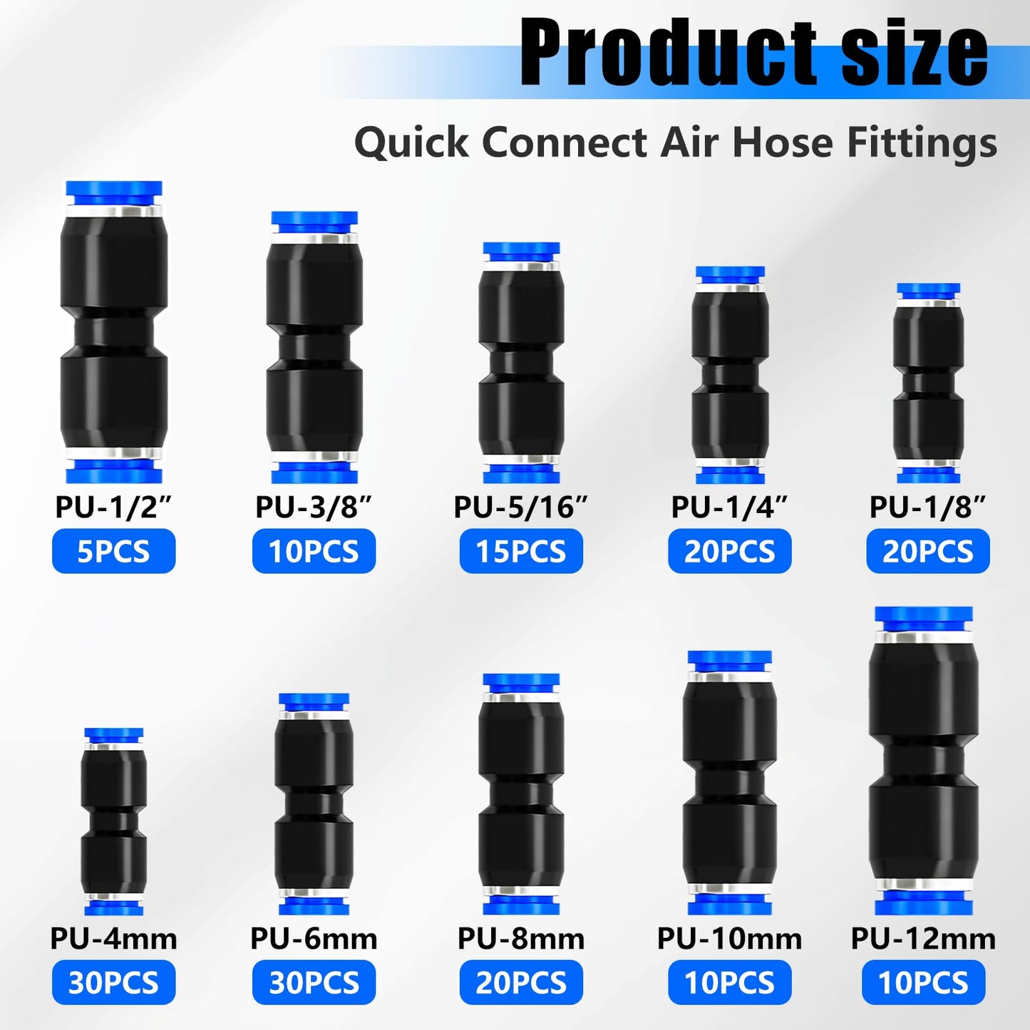 mxuteuk 170PCS Quick Connect Air Hose Fittings,1/8 1/4 5/16 3/8 1/2 inch & 4/6/8/10/12mm Straight Push to Connect Fittings,Quick Release Pneumatic Air Line Fitting