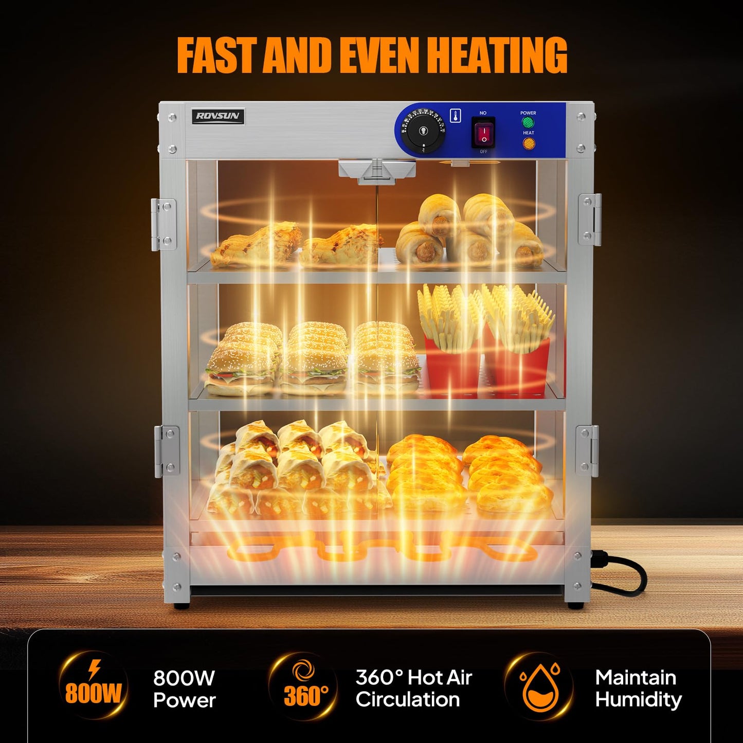 ROVSUN 3-Tier Commercial Food Warmer, Pizza Warmer Food Warmer Display with LED Lighting Removable Shelves Glass Door, Countertop Electric Food Warmer for Buffet Restaurant 110V 800W