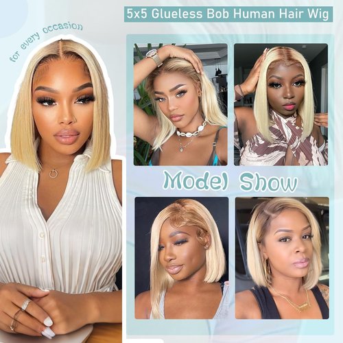 Msviki 5X5 Wear And Go Blonde Wig Human Hair 2.0-613 Upgraded Brown Roots 200% Density Ombre 2 Tone Blonde Wig For Women UHD Pre-Cut Lace Bob Wigs No Mix Fiber Brazilian Virgin Hair 10 Inch