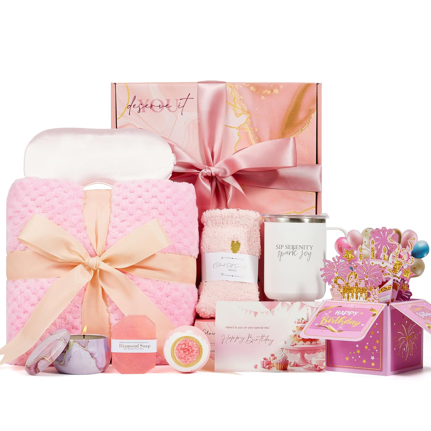 Birthday Gifts For Women Rose Relaxing Spa Gifts Basket 21st 40th 50th Happy Birthday Box for Mom Her Wife Best Friend Sister Grandma Daughter Bestie Aunt Pop Up Card Flannel Blanket Thinking of You