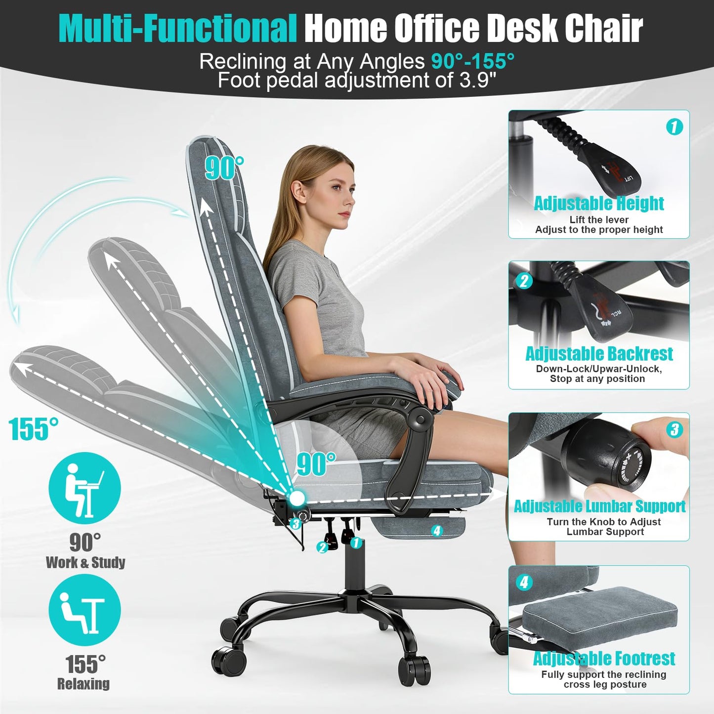 Executive Office Chair with Footrest, Ergonomic Reclining Computer Desk Chair with Adjustable Lumbar Support, 360° Swivel, Breathable Fabric, 400lbs Capacity for Home & Office