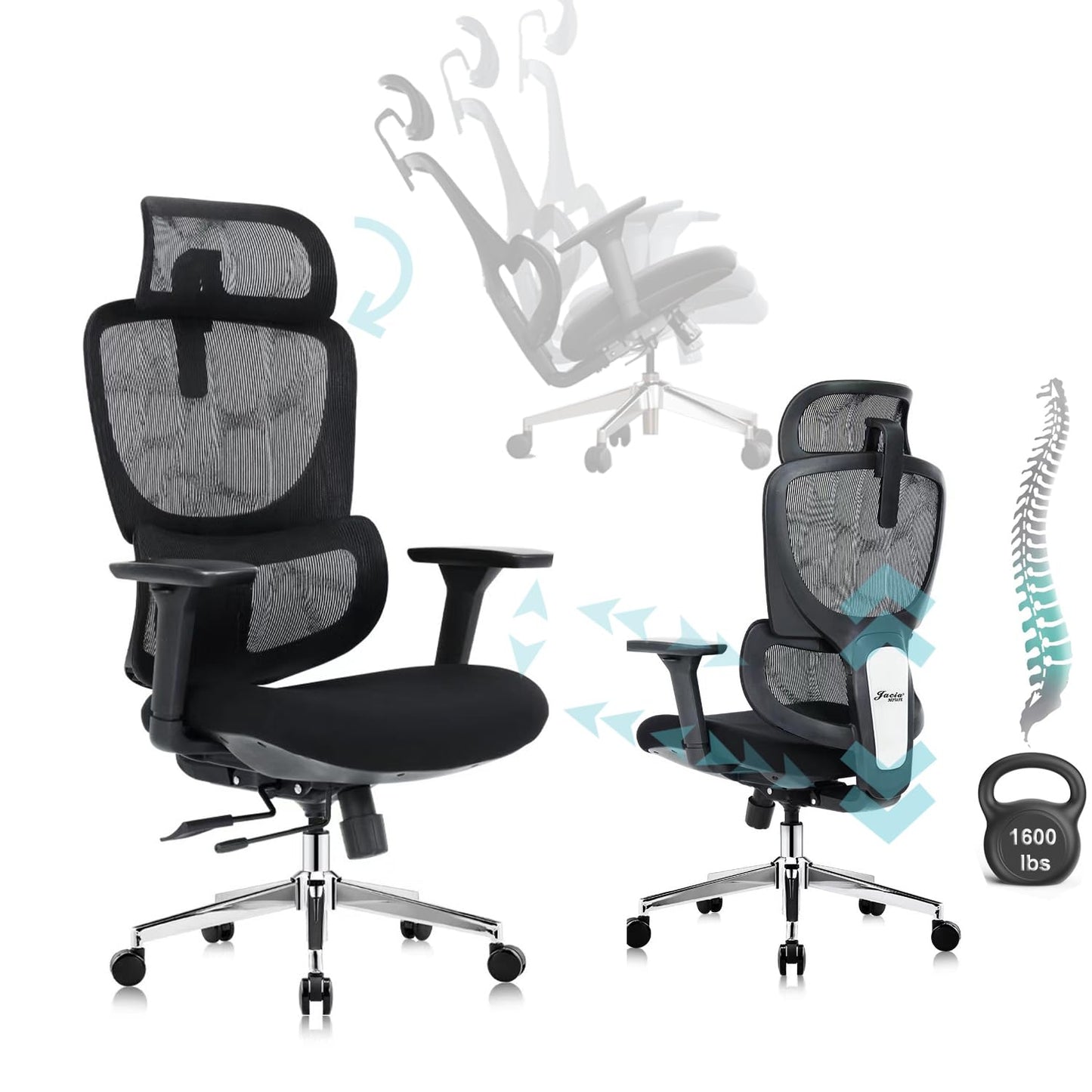 Jacia House TSCA Certified Ergonomic Mesh Office Chair, Big Tall Gaming Chair Adjustable Lumbar Support, 4D Armrests, 2D Headrest, 135° Reclining Rolling Swivel Desk Chairs with Seat Lock 600lb
