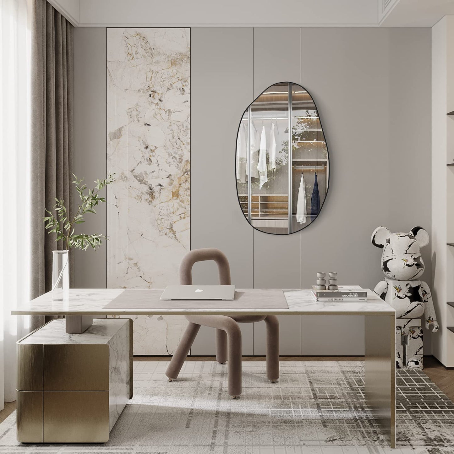 RACHMADES 33.5×20.5 inches Irregular Wall , Asymmetrical , Large Vanity Mirror for Wall Decoration, Modern Wood Framed for Living Room Bedroom Bathroom Entryway Mirror
