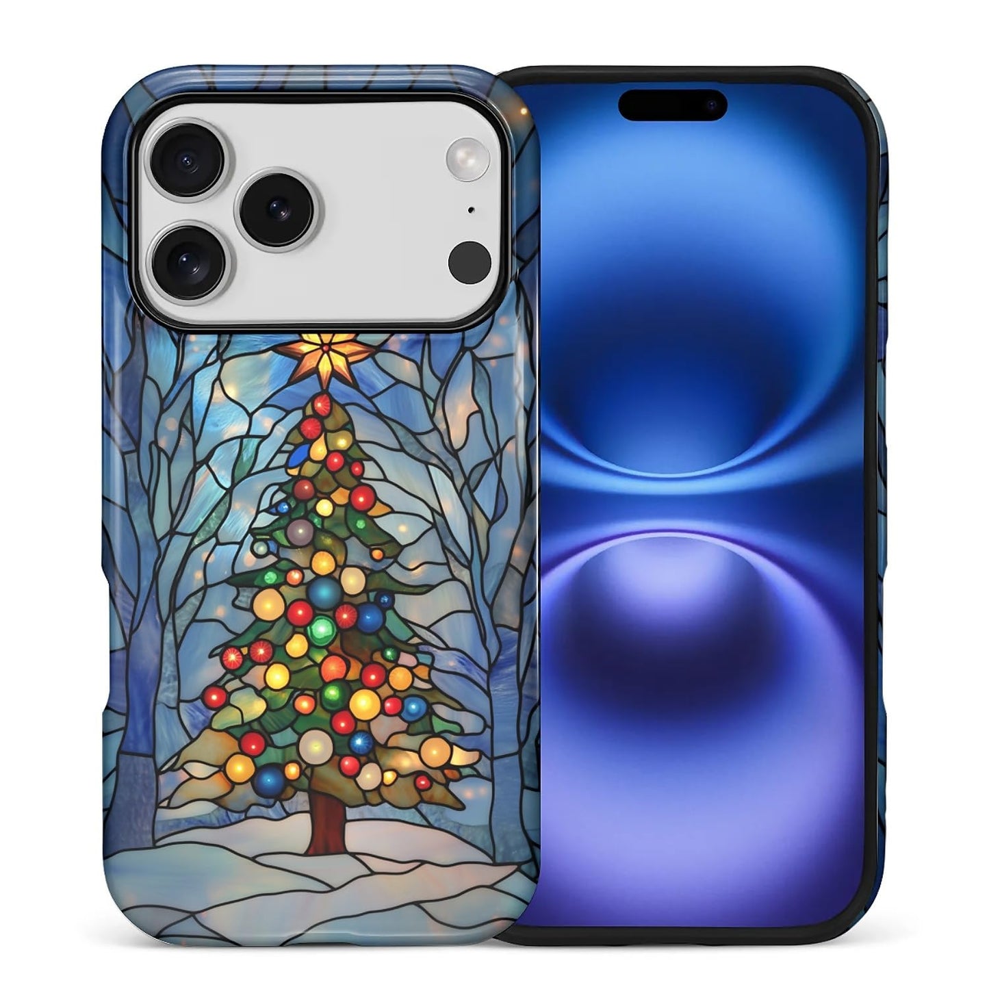 SKAMIX Case for iPhone 17 Pro,Drop Protection Hybrid 2-Layer Hard Phone Cover-Stained Glass Winter Christmas Tree