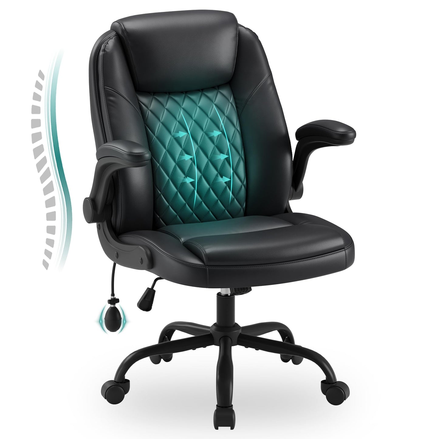 MALOL Leather Office Chair, Computer Desk Chair with Adjustable Lumbar Support, Thick Cushion, Flip-Up Arms and Ergonomic Back, Comfy Executive Office Chair for Home Office Gaming,Black