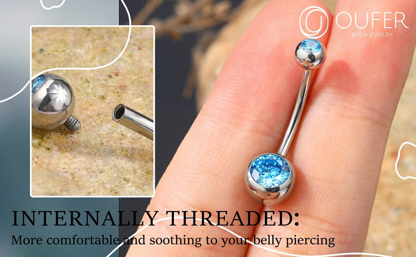 OUFER Titanium Belly Button Rings, Internally Threaded 14mm Long Belly Ring, Round CZ Navel Rings for Women Men n(Blue)