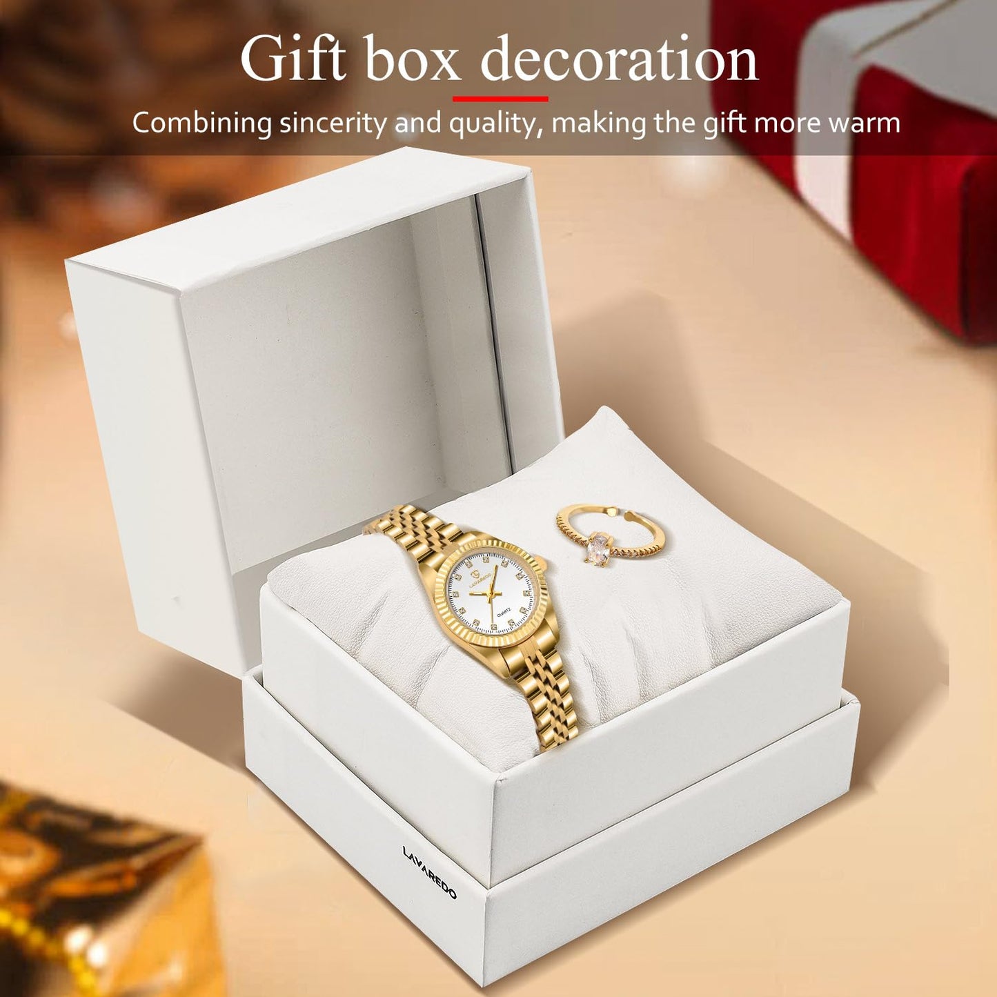 Timever Gold Womens Watch Set, 18K Gold Plated Bangle Bracelets Ring for Women, Dainty Ladies Wrist Waterproof Analog Watch with Luminous, Valentine Anniversary Birthday Gifts for Women