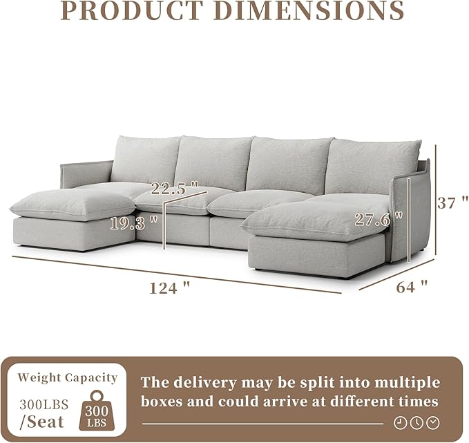 Gtilzria Waterproof Cloud Sectional Couches for Living Room,High Backrest Down Filled Couch,6 Seater Oversized Modular U-Shaped Sofas with Chaise,Detachable Sofa Covers,Light Grey