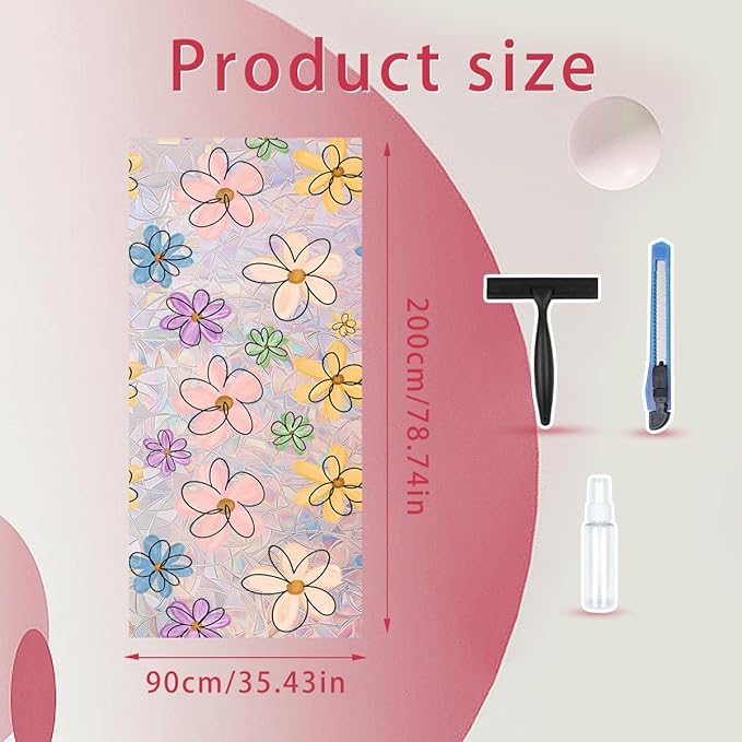 Daisy Flower Stained Glass Window Film Static Cling with Tools - 35.4 x 78.7 Inch Non-Adhesive Privacy Decorative Cute Rainbow Film for Windows, Doors, Sidelights - Easy Install & Remove