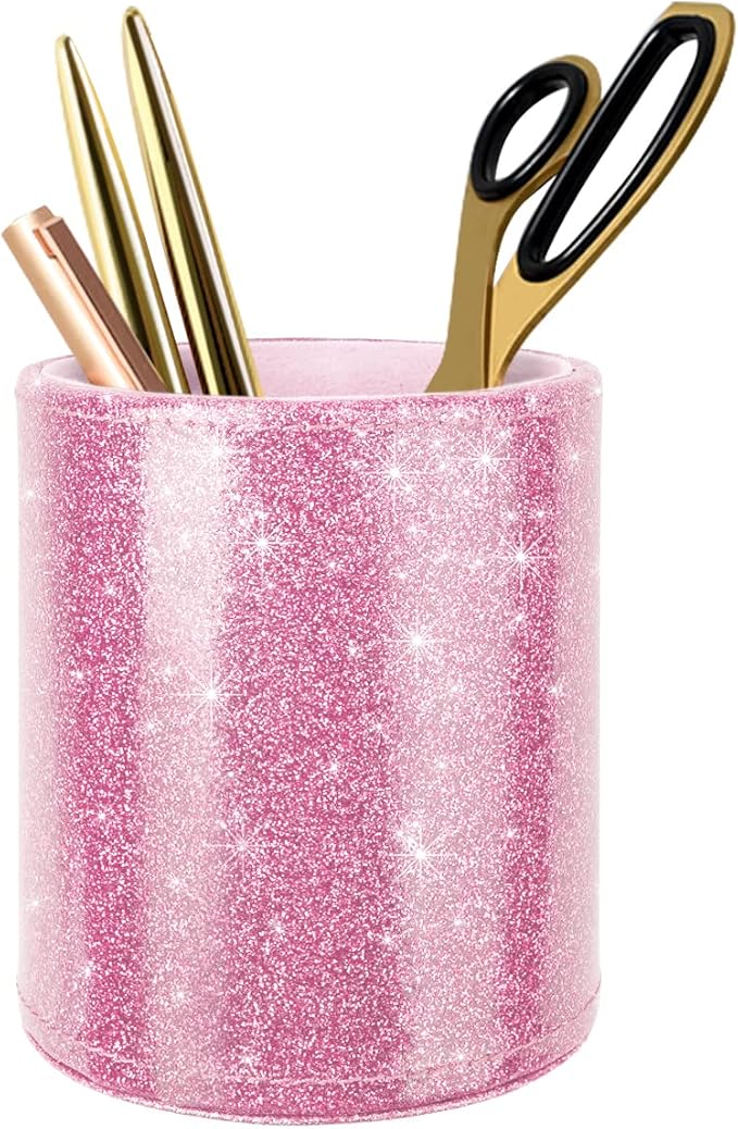 WAVEYU Glitter Pen Holder for Desk, Cute Pencil Cup Pink for Women Girls, Luxury Makeup Brush Holder Large Pu Leather Mult...