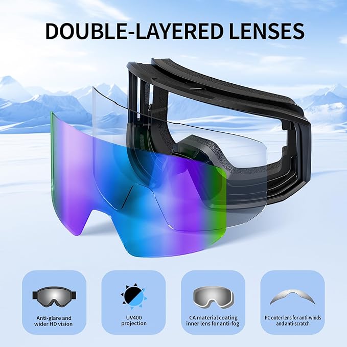 Ski Goggles for Men Women, OTG Snow Goggles, UV Protection Snowboard Goggles for Adult & Youth, Snowmobile, Sledding