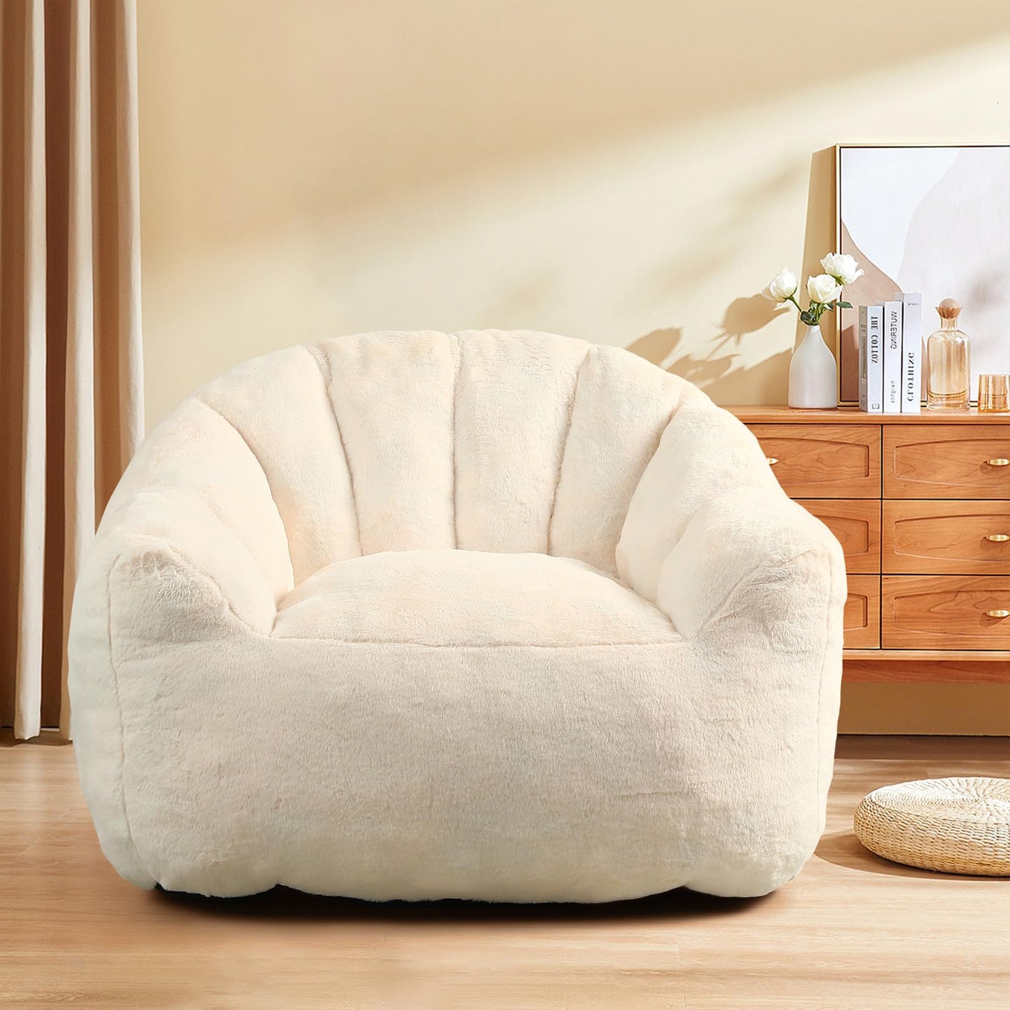COCONINO WJ Bean Bag Chair, Bean Bag Chairs with Filler, Stuffed Beanbag Chair for Adult and Kid, Big Beanbag Chairs with Filling for Living Room (Faux Fur in Ivory, 35" D×41.4" W×30.7" H)