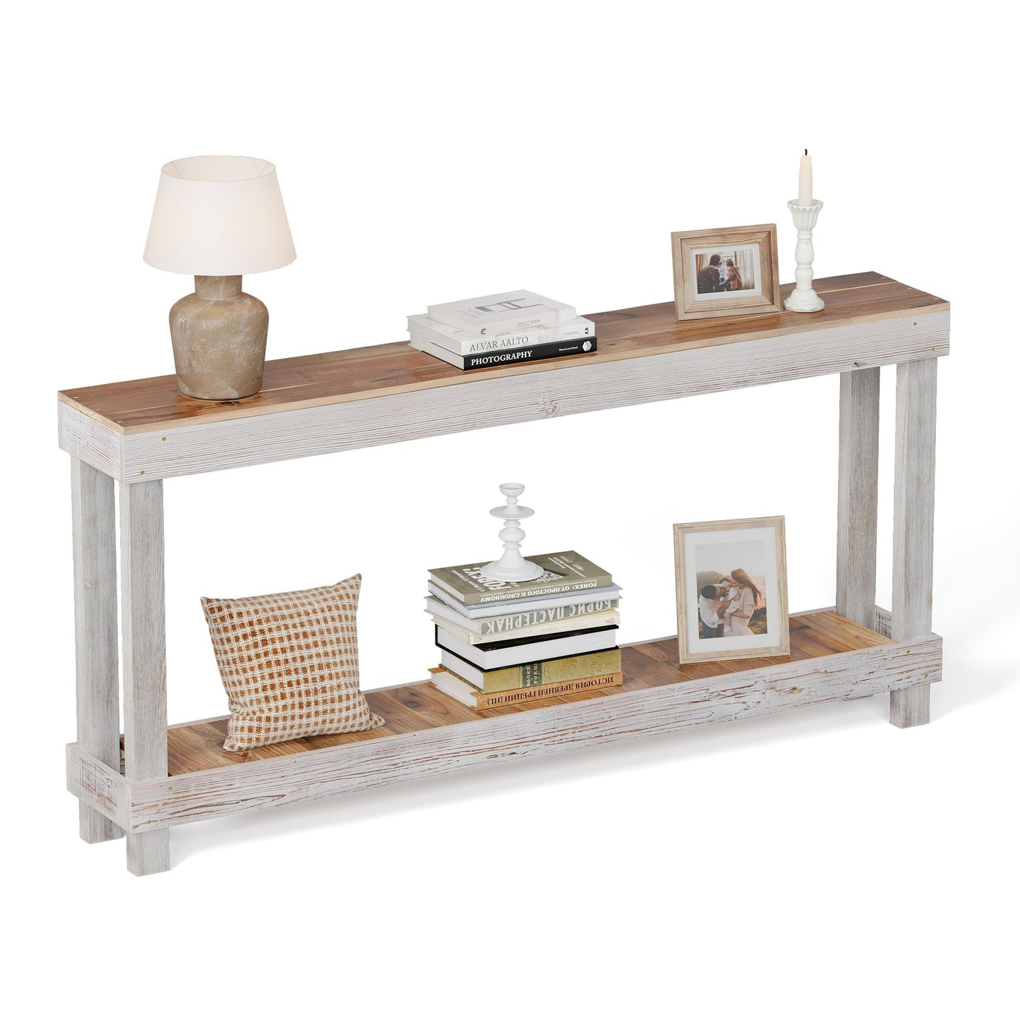 COSHOMER Rustic Farmhouse Console Table with 2 Tiers - Distressed Reclaimed Wood Entryway Sofa Table, Narrow Long Behind Couch Table for Living Room & Bedroom,46x28x10 Inch,Classic White