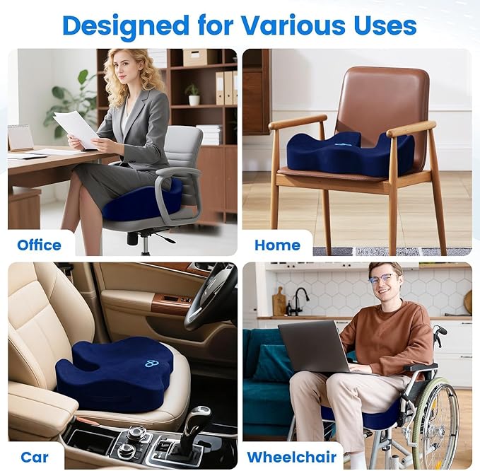 SofterCharm Seat Cushion with Carry Handle, Memory Foam for Tailbone/Sciatica Easing, Chair Cushions for Cars, Desks, Office Chair Cushion with Non-Slip Design, Ideal for Post-Surgery Recovery (Blue)
