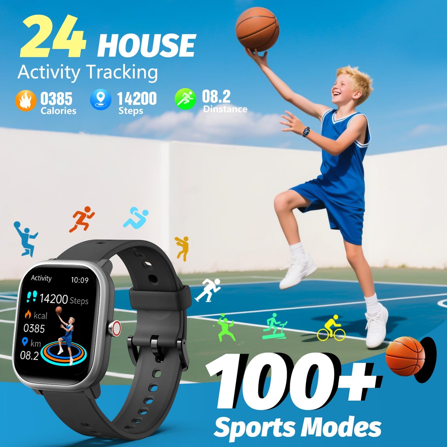 Kids Wach for Girls Boys 6-15 Year Old - Smart Watch for Kids 1.8" Fitness Tracker,No Phone Needed,Pedometer Sleep Monitor Heart Rate Waterproof,Puzzle Game for Girls Boys Teens Birthday Gift (Black)