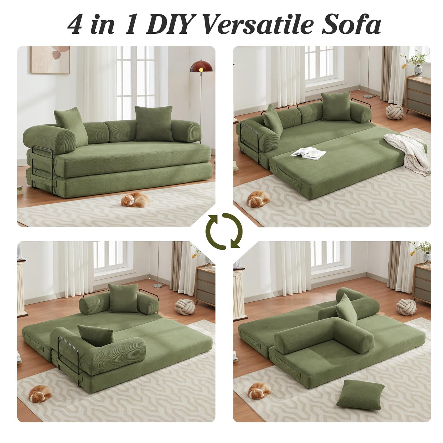 MAKIAAP 78.5'' Convertible Folding Sofa Bed – 4-in-1 Modular Floor Couch, Corduroy Small Cloud Couch, Compressed Foldable Sleeper Sofa, King Size Futon for Bedroom, Guest Room (Green)