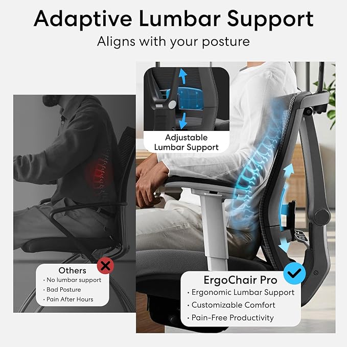 Autonomous ErgoChair Pro Ergonomic Office Chair Foam Grey Adjustable Lumbar Support, Rolling Swivel - Home Office Desk Chairs with Wheels and Arms - Ergonomic Desk Chair Comfy for Gaming & Long Hours