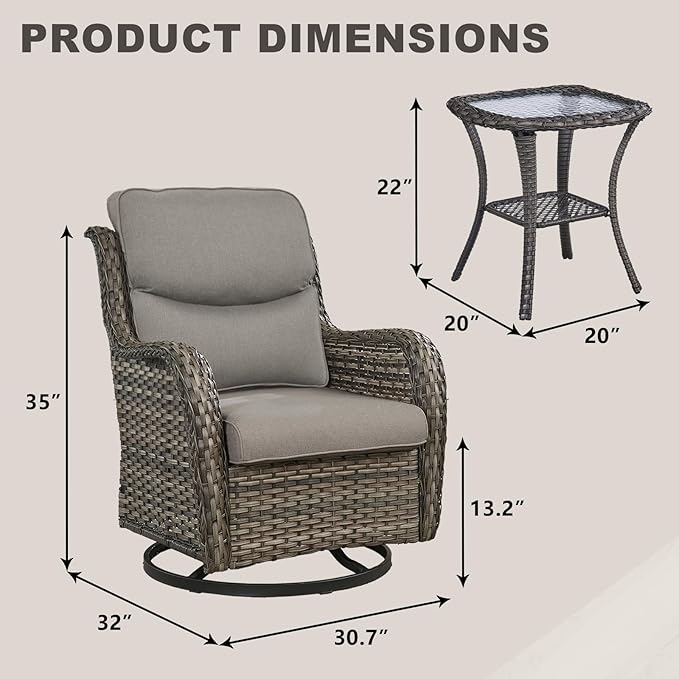 Rilyson Wicker Rocking Chair Swivel Chairs - 3 Piece Rocker Patio Furniture Set Rattan Rocking Bistro Sets with Glass Top Side Table for Outdoor Porch Deck Garden Backyard (Mixed Grey/Grey/Smile)