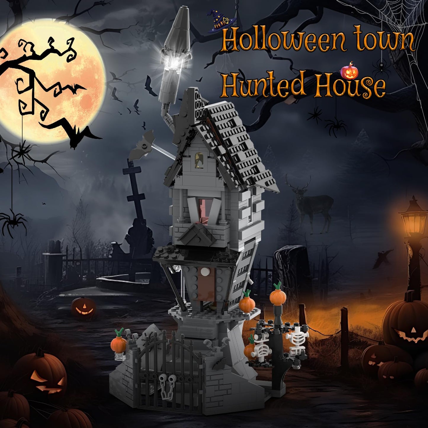 BrickTribe Haunted House Building Toys with Light, Night Before Halloween Haunted Mansion Building Set for Movie Fans and Kids, Compatible with Lego, 581 PCS