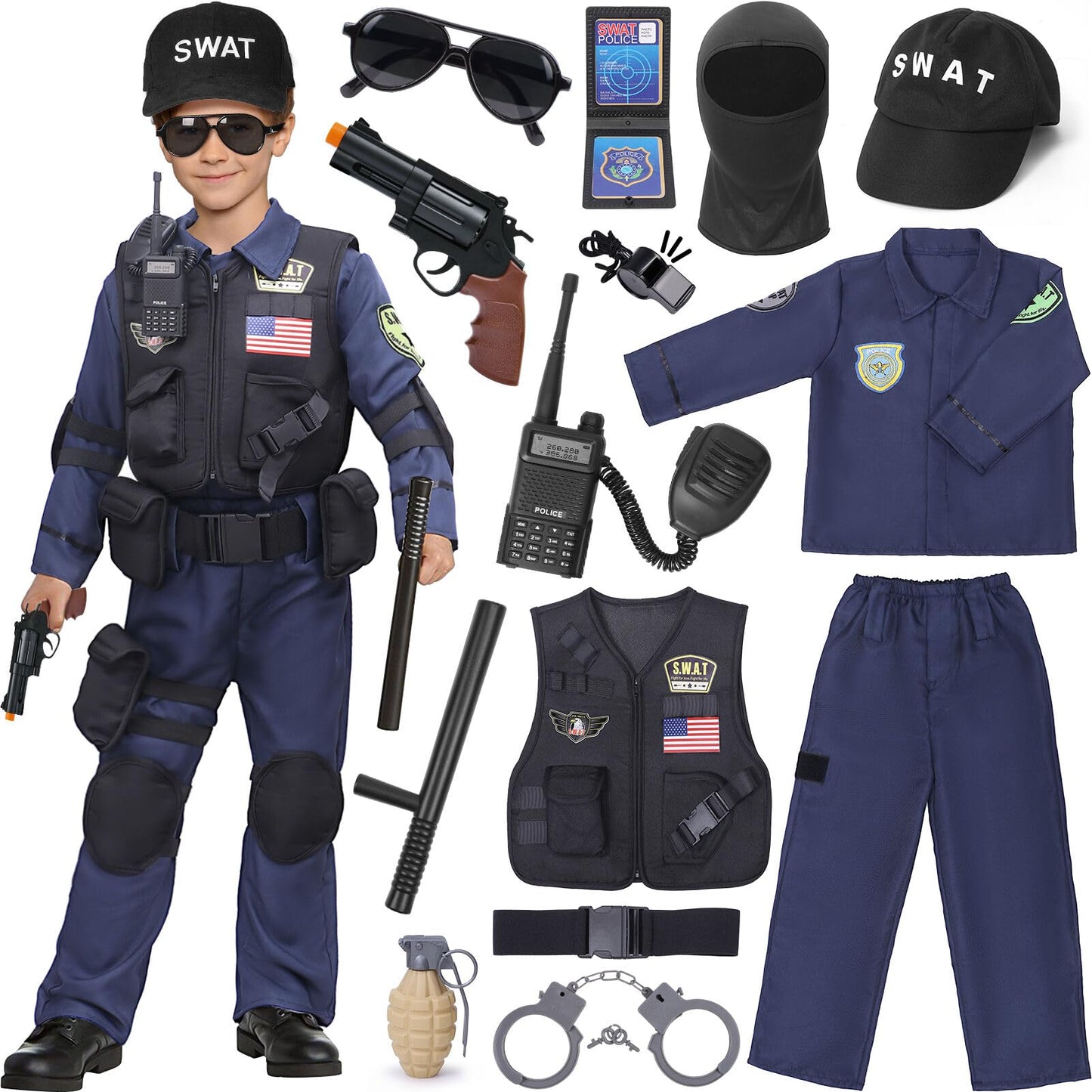 Latocos 15 PCS SWAT Police Officer Costume for Kids with Vest Accessories Cop Dress Up Role Play Set for Halloween Cosplay