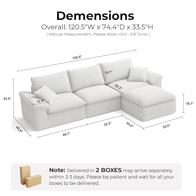 LIKIMIO 120" L-Shaped Modular Sectional Sofa, Cloud Sectional Couch with Deep Seat, Comfy Teddy Upholstery, Oversized 3-Seater with Ottoman, Boneless Couch for Living Room, No Assembly, White