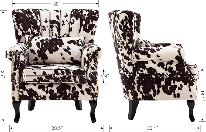 DM Furniture Cow Print Accent Chair Modern Velvet Armchair Tufted Wingback Club Chair Single Sofa Lounge Side Chair with Pillow for Living Room Bedroom, Cow