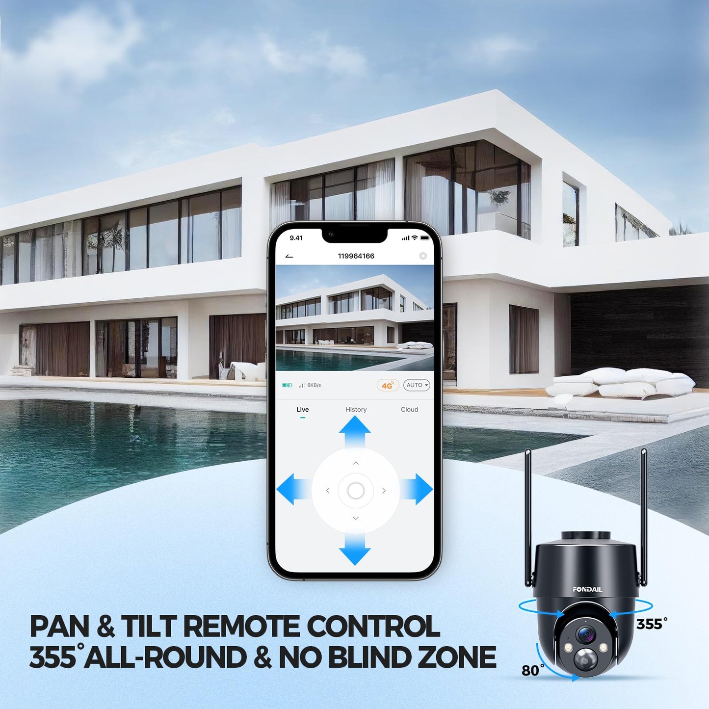 FONDAIL Solar Security Cameras Wireless Outdoor, 2K 360° View Solar Powered WiFi 3MP Security Camera for Home Security with Color Night Vision, PIR Detection, 2-Way Audio, Motion Alert, Easier to use