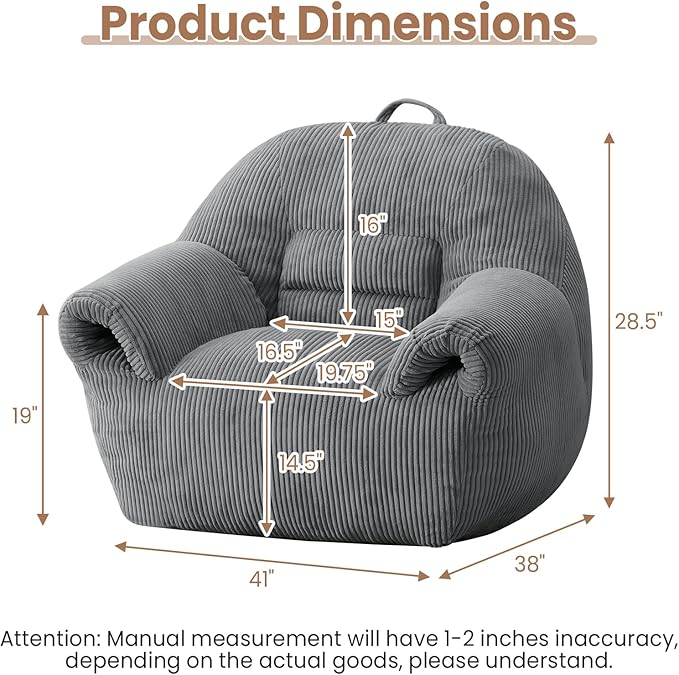 Peace nest Bean Bag Chair with Memory Foam Filled Ultra Soft Corduroy Cover for Adults Comfy Fur Bean Bag Chairs with Armrests for Bedroom Living Room Office Dorm Reading Grey