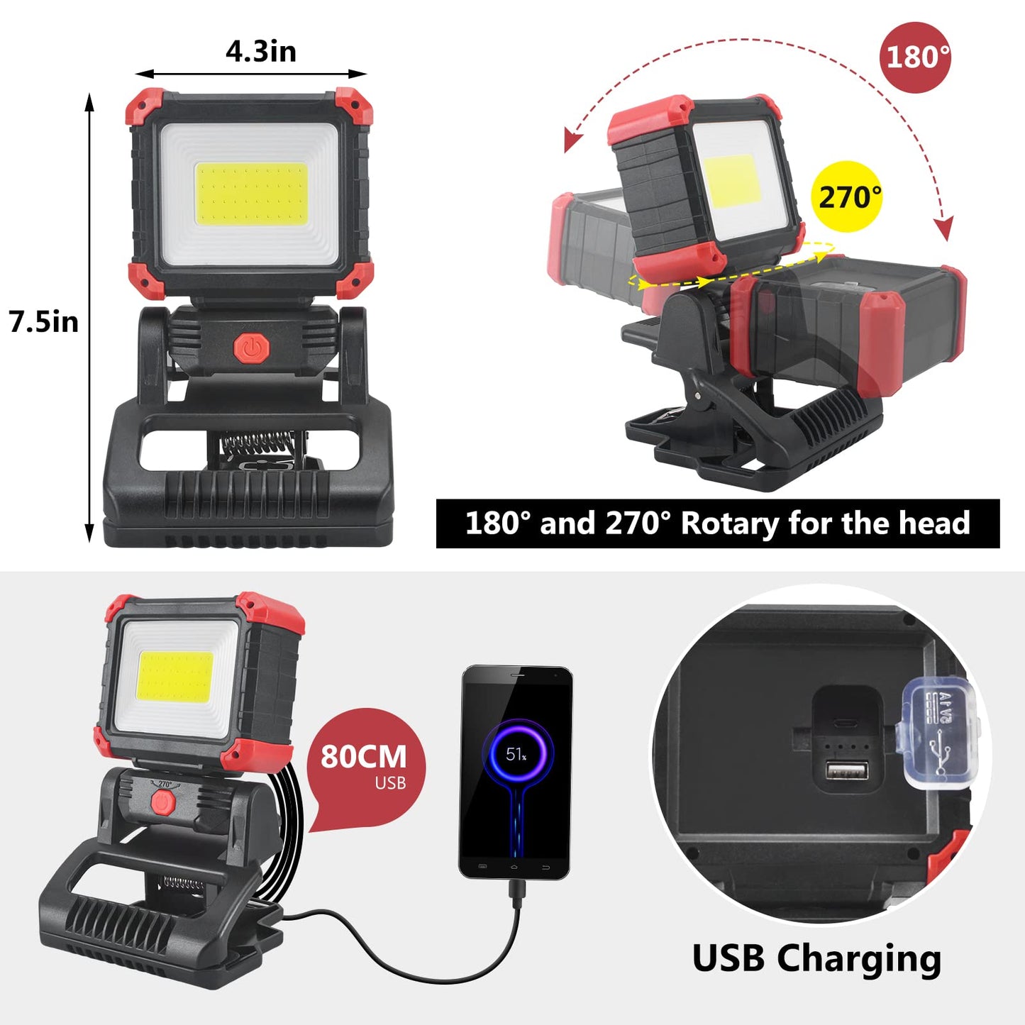Tresda LED Rechargeable Work Light with Clamp, 2Pack 2100LM COB Magnetic Work Light with 3 Light Modes, 270° & 180° Rotation, Waterproof, Perfect for BBQ, Jobsite, Workshop, Car Repairing